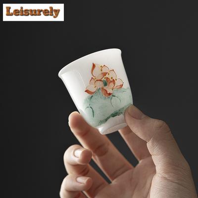 Taza de té de arcilla de jade blanco de loto pintada a mano de 35 ml, taza maestra de porcelana con semillas de hielo, taza de meditación, taza de copa, juego de té de kung fu