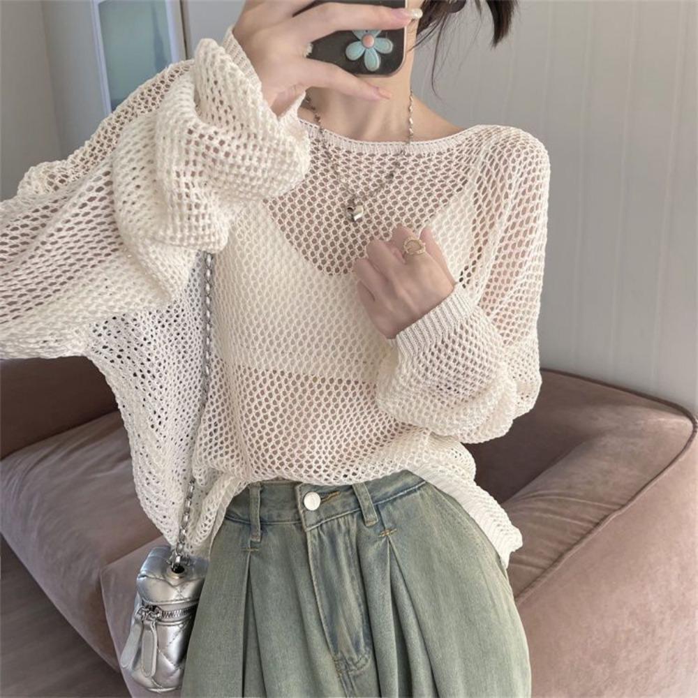 Wide Truffle Back Pearl Chain Long Sleeved Hollow Knit Sweater Autumn Korean Version Ice Silk Sunscreen Shirt Top for Women