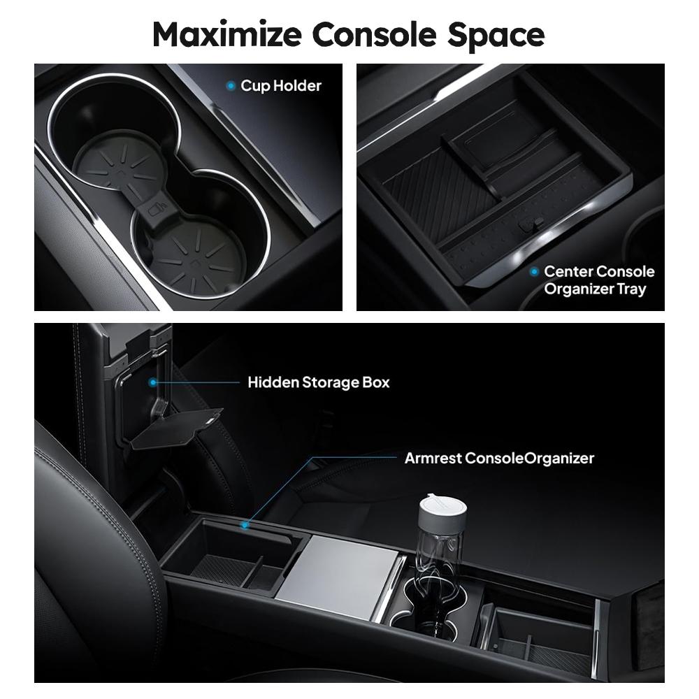 Heenvn Console Armrest Storage Box For Tesla Model Y Juniper Model 3 Highland 2024-2026 ABS Silicone Watercup Mat Accessories
