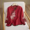 Women's Mandarin Collar Frog Button Embroidered Linen Blouse Chinese Style 3/4 Sleeve Shirt