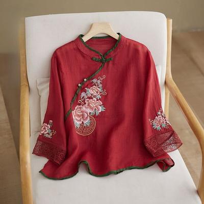 Damen Mandarin-Kragen Froschknöpfe Bestickt Leinenbluse Chinesischer Stil 3/4 Ärmel Hemd