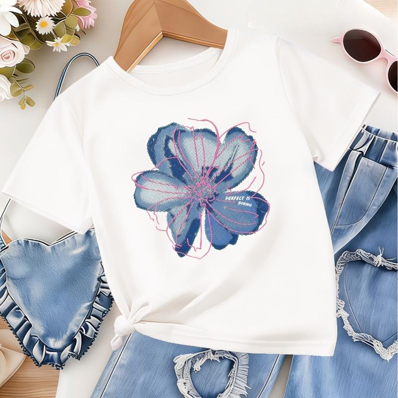 Kids Crew Neck Short Sleeve T-Shirt with Blue Floral Print 110 белый