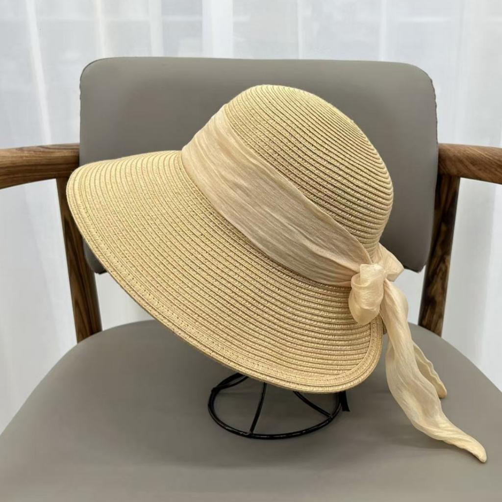 High quality lightweight foldable big brim straw hat women's summer sunscreen beach hat fine straw breathable sunshade bucket hat