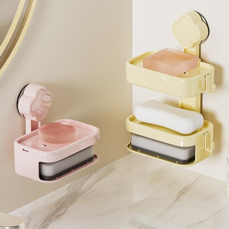 Soap Dish Soap Holder for Shower Single/Double Layer Wall Mounted Soap Rack No Drilling Self Draining for Bathroom