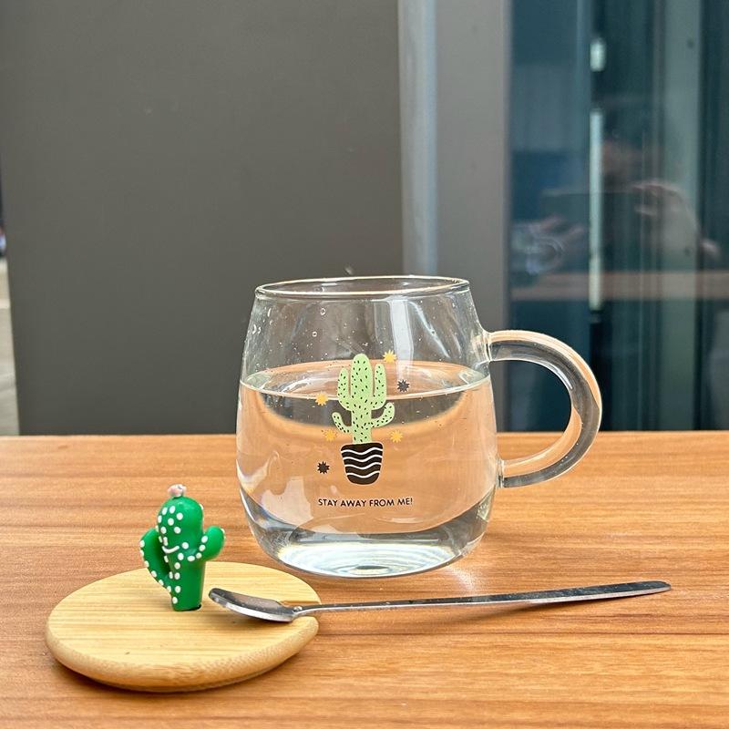 Hitzebeständige Glas-Milchtasse mit Griff Mikrowellenheizung Frühstückstasse mit Deckel Löffel für Haushalt Damen Flacher Boden Wasserbecher