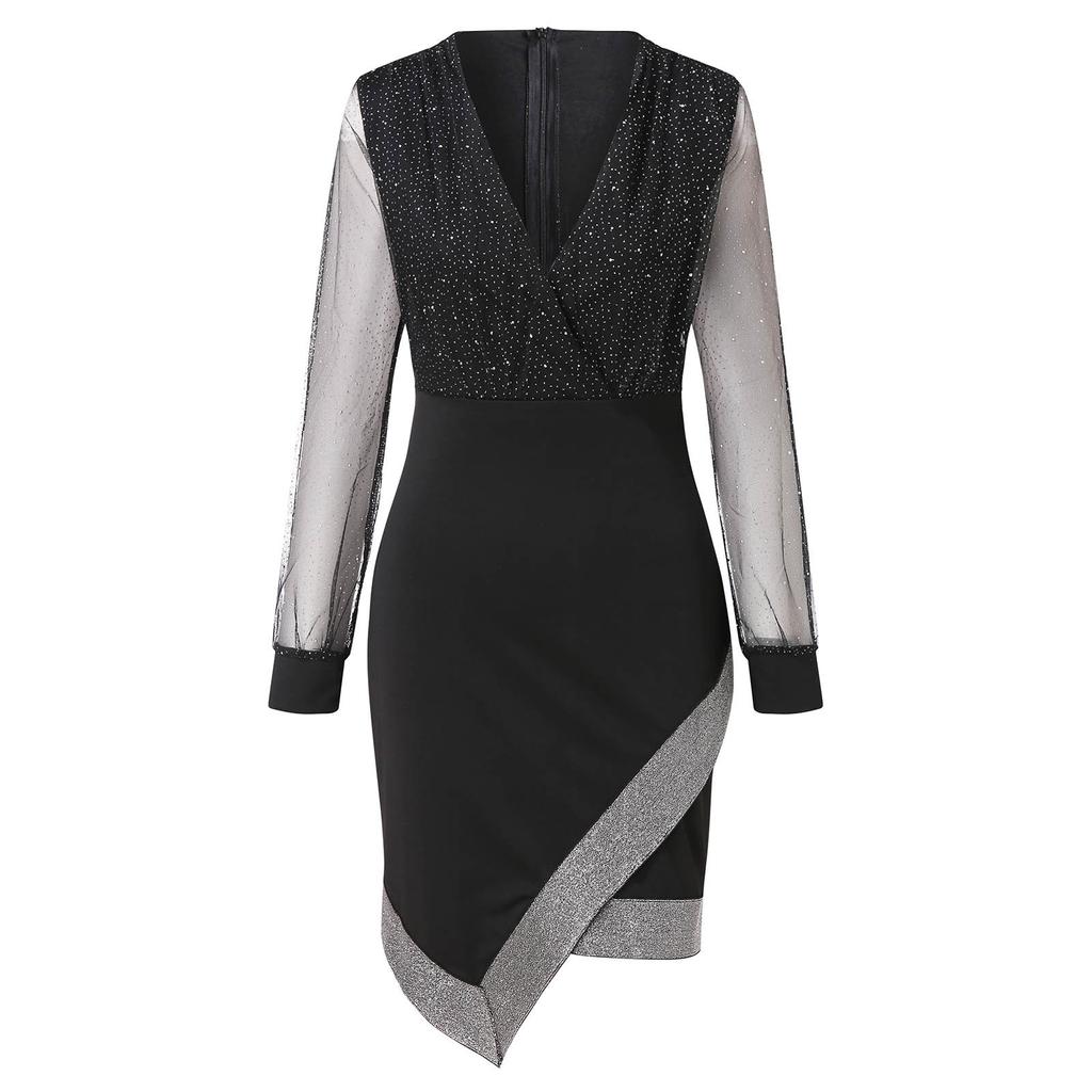 Women's Fashion Mesh,Panel Color V,Neck Long,Sleeve Dress