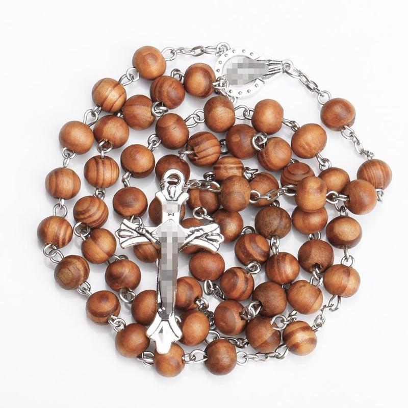 8MM Wood Rosary Beads Necklace For Women Men Catholic Jesus Christ Cross Crucifix Pendant Long Chain Religious Zircon