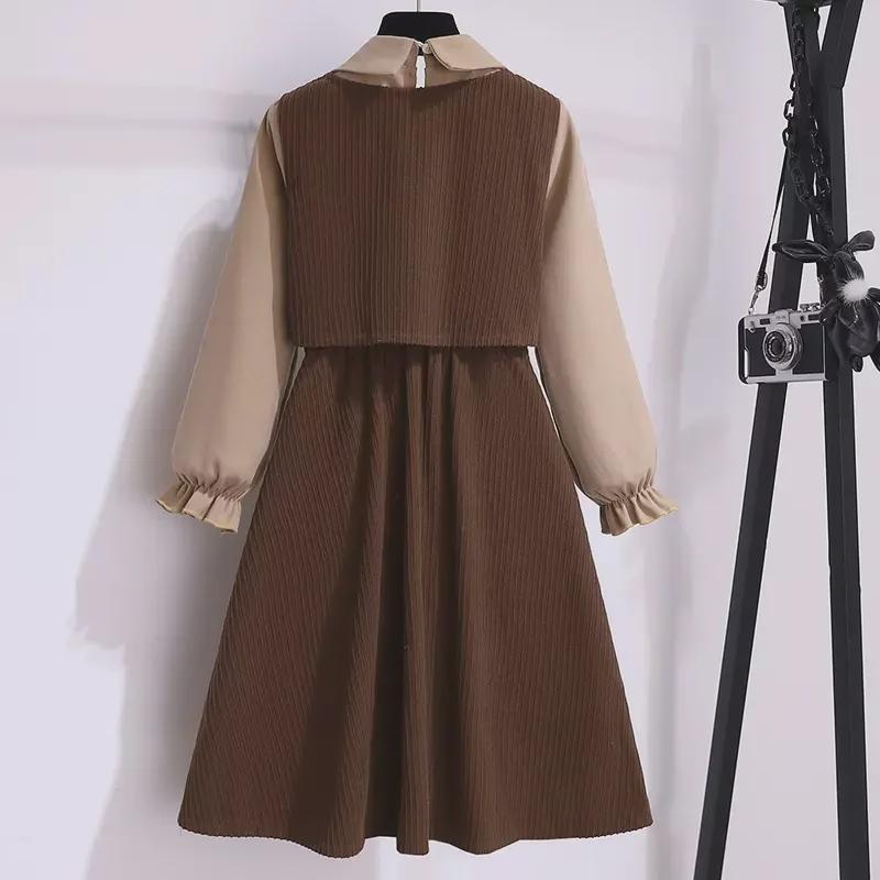 Autumn Retro College Style Long Sleeve Lapel Shirt Dress for Girls