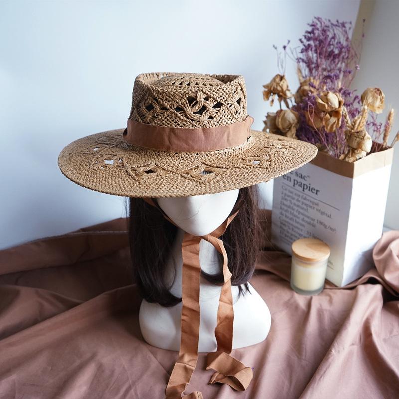 Japan Japanese French Retro Hollow Flower White Flat Top Top Hat Women'S Summer Sunshade Vacation Beach Straw Hat Outing