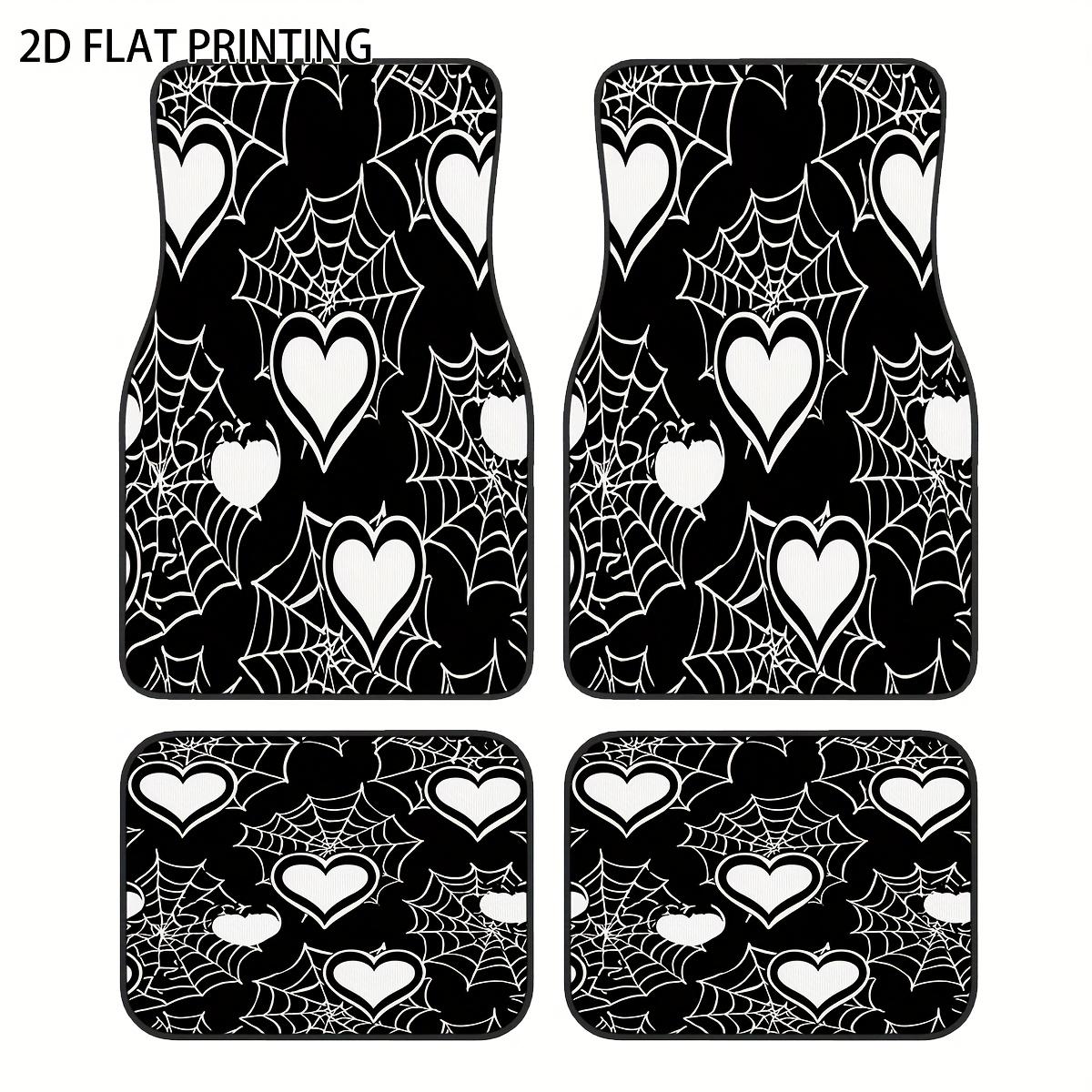 4pcs Black Base With Heart Pattern Printed Car Floor Mats, Universal Polyester Material, All-Season All-Weather Interior Protect