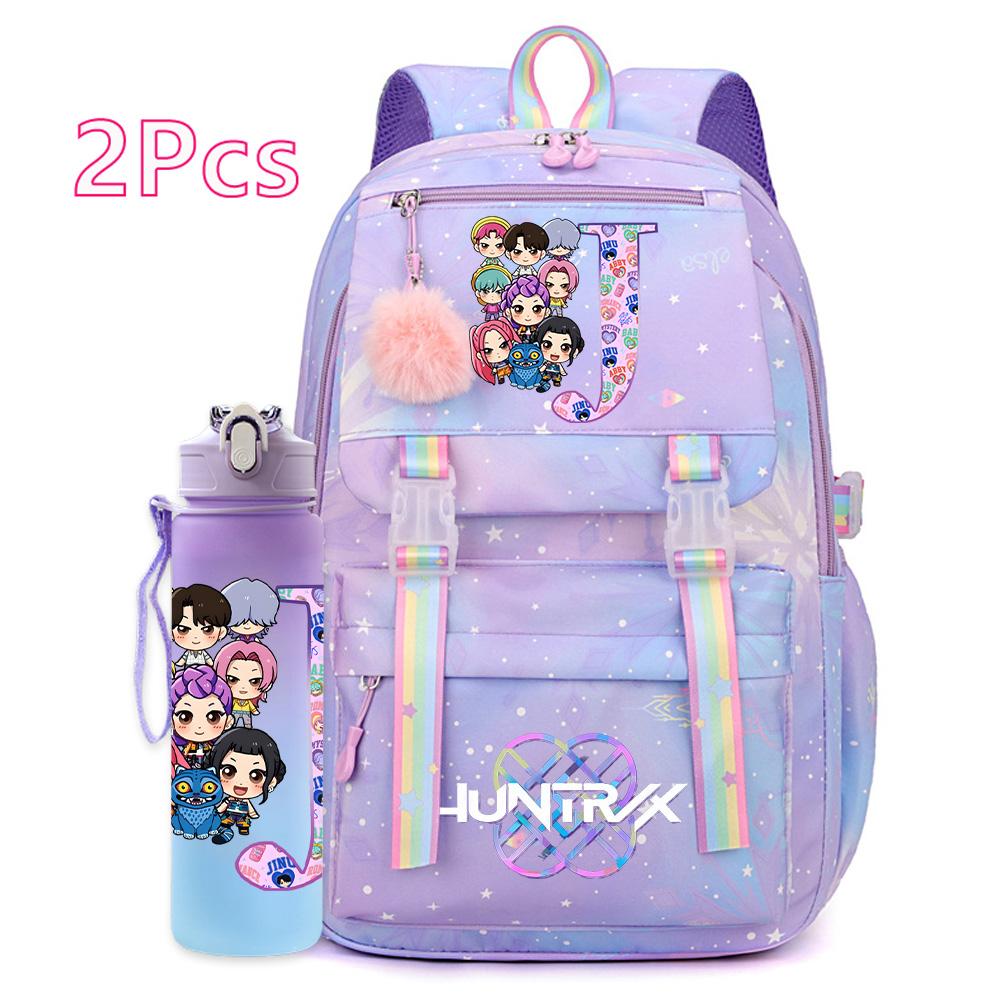 2Pcs/set New K-pop Printed Backpack 750Ml Water Bottler Large Capacity Travel Bag for Teenager Girl Boy Waterproof Bookbag Kid Gift Rucksak