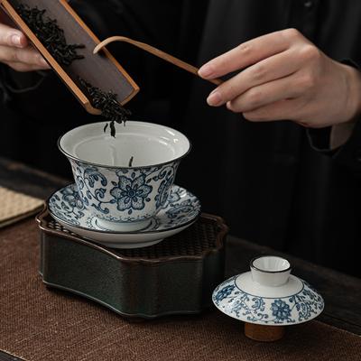 Blue and White Porcelain Cover Bowl, Chinese Retro and Elegant Household Ceramic Sancai Cover Bowl, Large Tea Bowl, Tea Cup