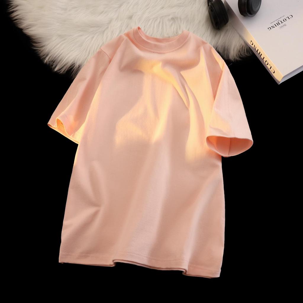 Unisex Japanese Retro Solid Color Round Neck T-Shirt, 300g Heavy Pure Cotton, Casual Short-Sleeve Design.
