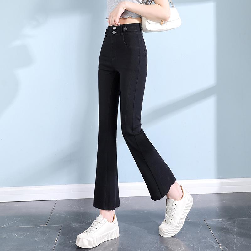 In-Stock Women s Black High-Waisted Elastic Micro-Flare Summer Pants with Raw Hem L
