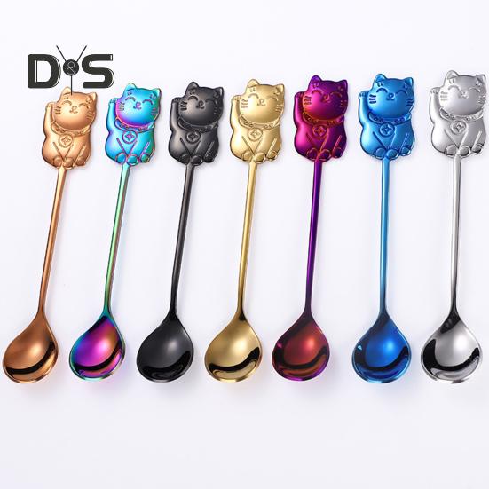 Stainless Steel Mirror Polished Spoon Ergonomic High Temperature Resistant Lucky Cat Tea Scoop Party Decor