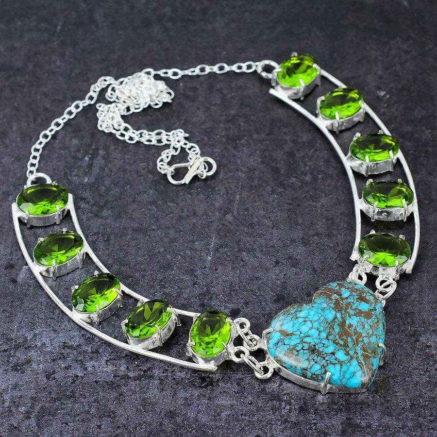 Turcoaz natural tibetan, piatră prețioasă peridot Colier din argint 925 18" a1M06