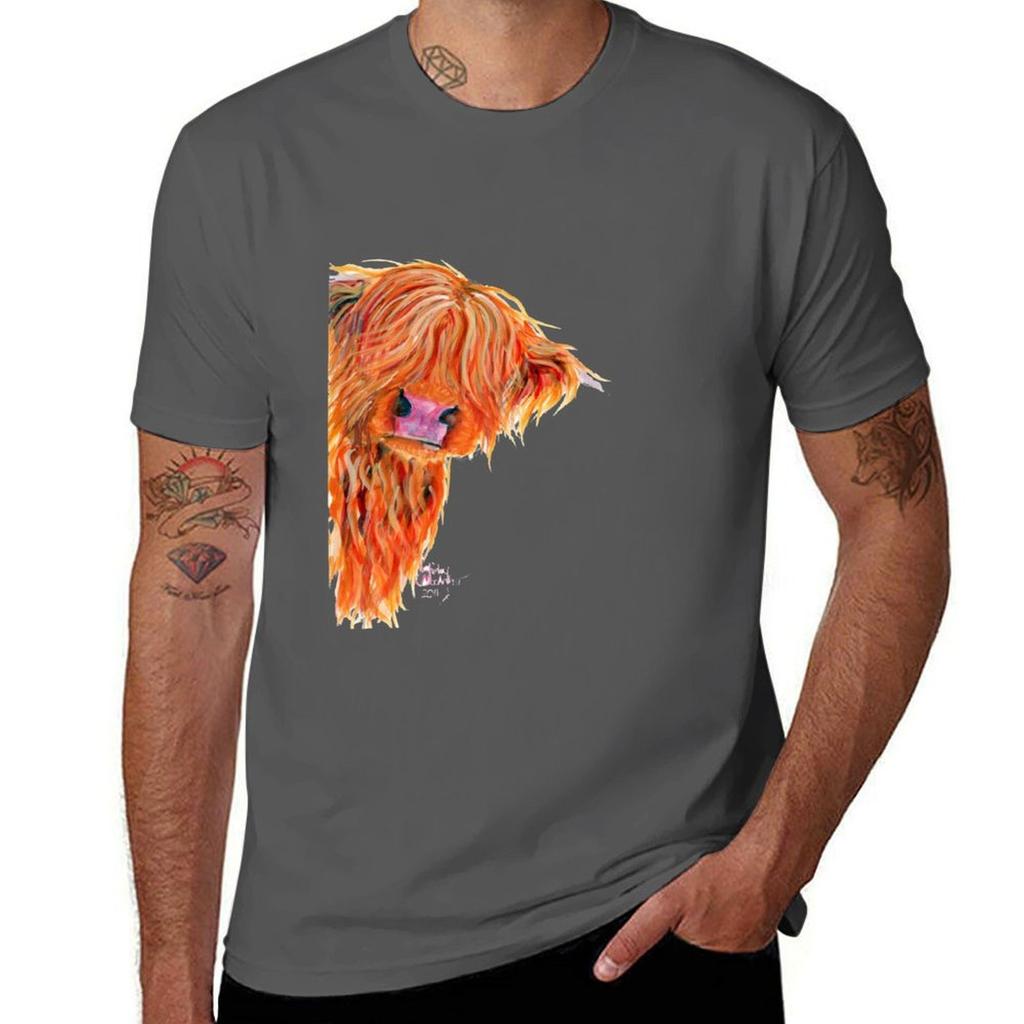 HIGHLAND COW 'PEEKABOO' BY SHIRLEY MACARTHUR T-Shirt Cotton T Shirts Man 100% Funny T Shirts Cotton T-Shirt