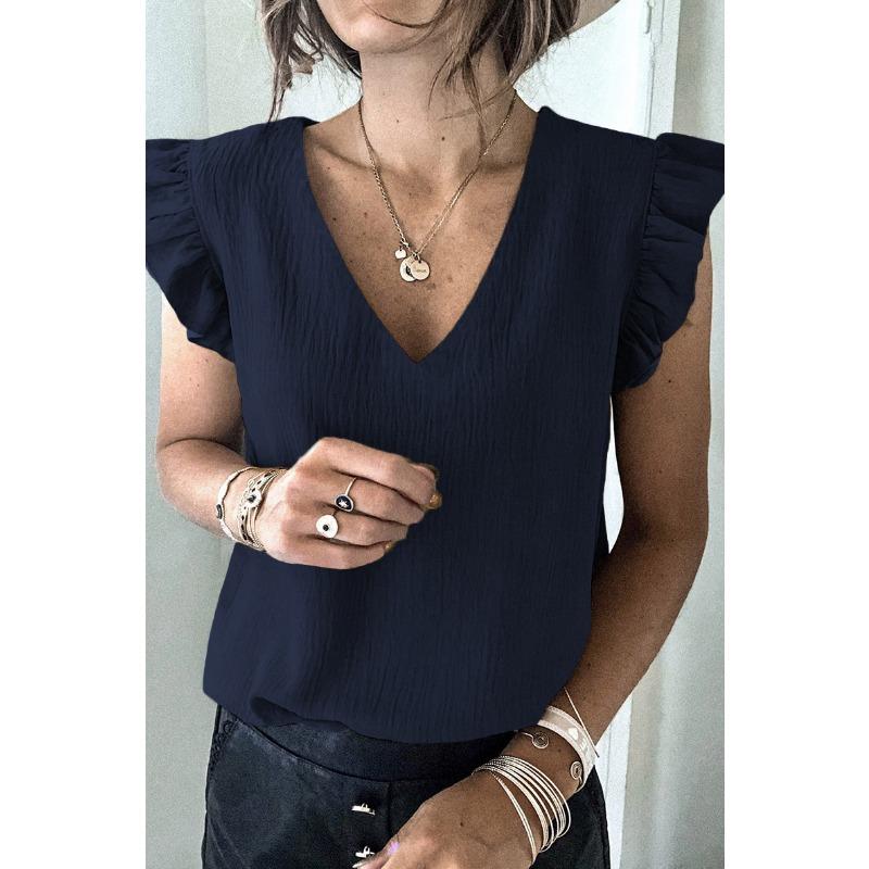 Women European Casual Solid V Neck Sleeveless Ruffle Pullover T Shirt Top