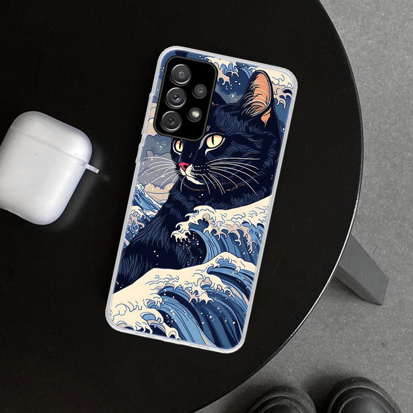 Anime Cat Sea Wave Aesthetic Phone Case for Samsung Galaxy A17 A16 A26 A36 A56 A57 A37 A15 A25 A35 A55 A14 A24 A34 A54 A13 A23 A