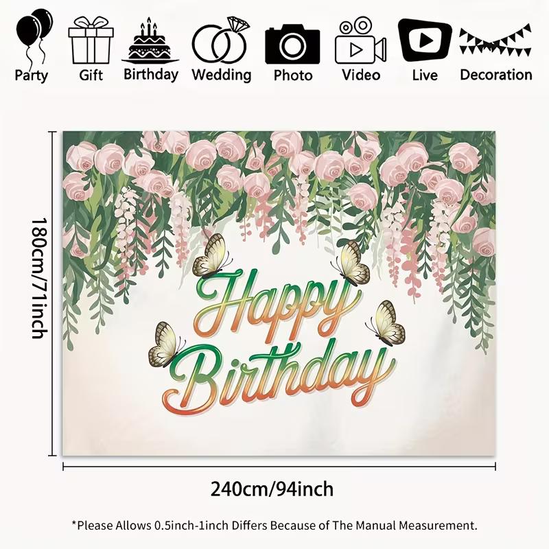 2D Pink Rose Butterfly Happy Birthday Backdrop Floral Photography Background