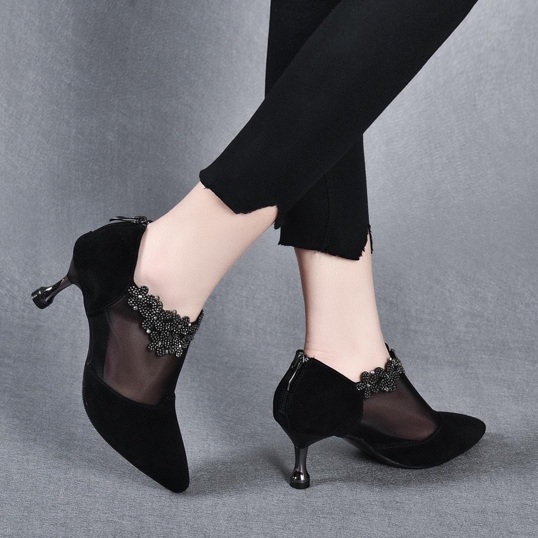 

Женская обувь 2025 ранняя весна новая мода острый носок высокий каблук сетка одинарные туфли овчина стразы задняя молния темперамент каблуки 37 чёрный