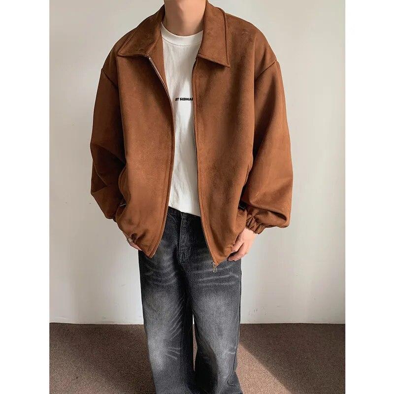 

Осенняя замшевая куртка, мужская негабаритная модная повседневная куртка с лацканами, мужская уличная одежда, корейское свободное короткое пальто, мужские куртки на молнии M-2XL