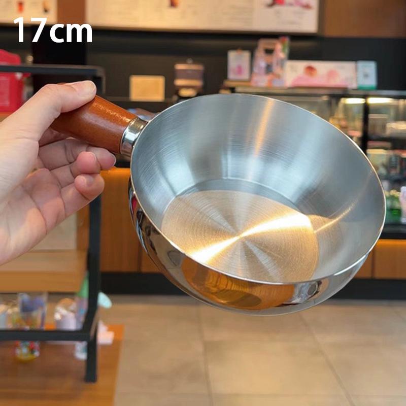 17Cm/14Cm Stainless Steel Cooking Pans With Wooden Handle & Glass Lid - Multi-Purpose Small Pots For Noodles And Eggs