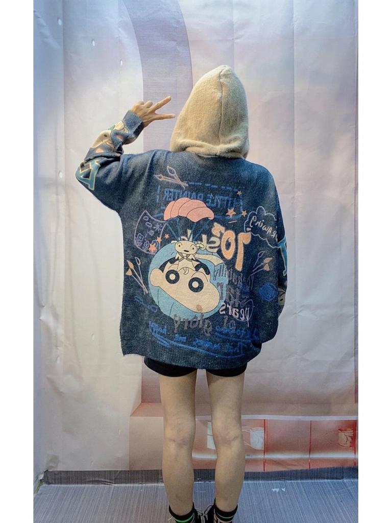 European Plus Size Crayon Shin-chan Print Hooded Sweater - Autumn 2024