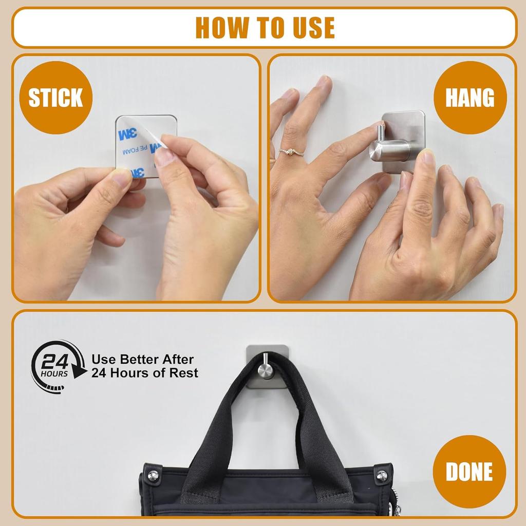 6Pcs Adhesive Wall Hooks, No Drill Stainless Steel Heavy Duty Waterproof Shower Towel Hooks, Self Adhesive Hooks for Bathroom Kitchen Office Hanging