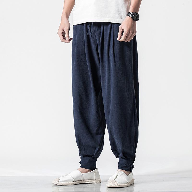 Loose Cotton-Linen Monk Pants with Hem - Lay Buddhist Meditation Wear for Spring and Summer