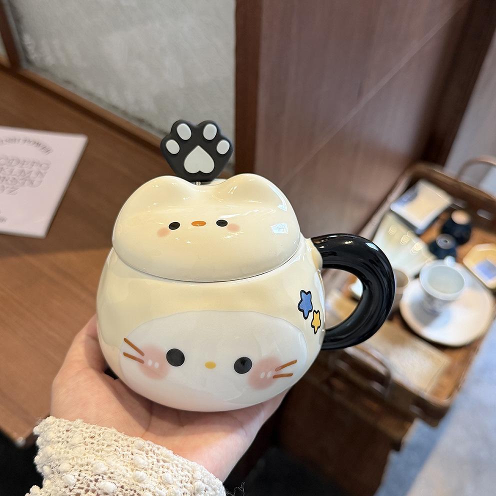 Katzenbecher mit Deckel Löffel hoher Wert Ins-Stil Paarbecher Keramik Trinkbecher für Mädchen Geburtstagsgeschenk