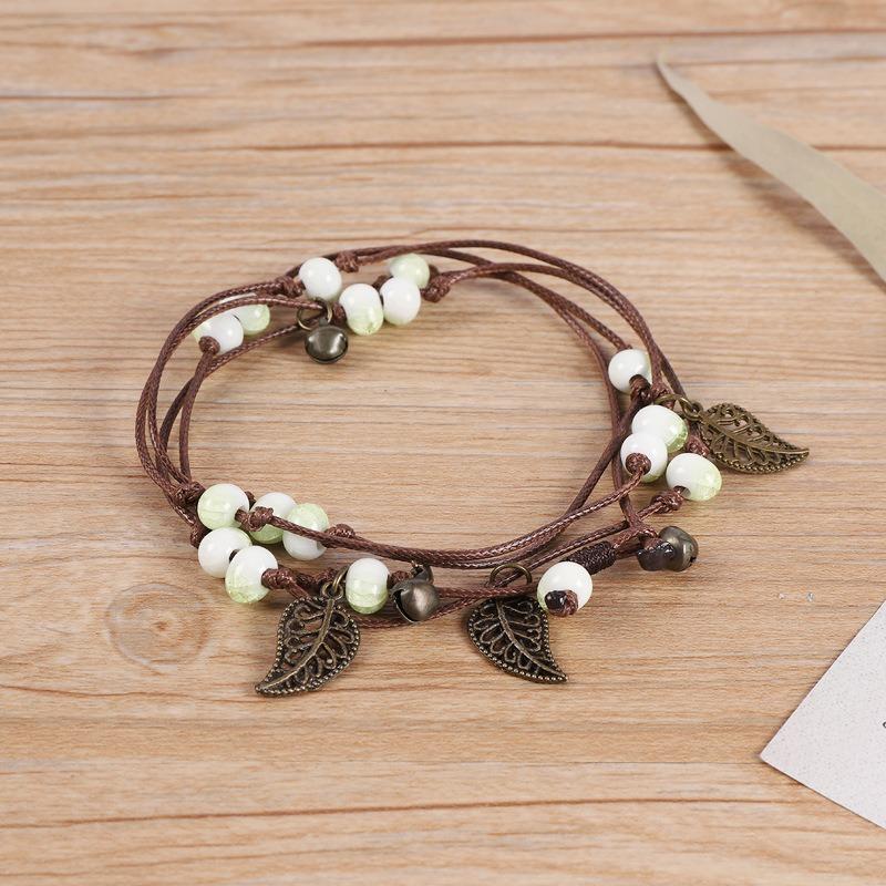 Vintage Bohemian Ceramic Bracelet Girl Sweet Bell Leaf Versatile Waist Chain Multi-circle Bracelet Jewelry