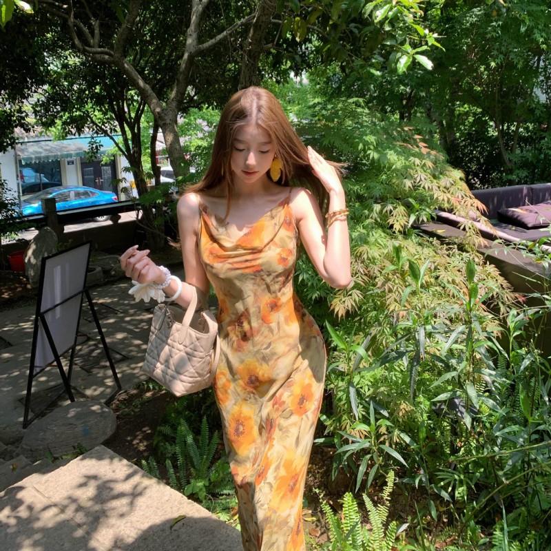 Floral Print Sleeveless Maxi Dress With Square Neckline Lightweight Chiffon Boho Women