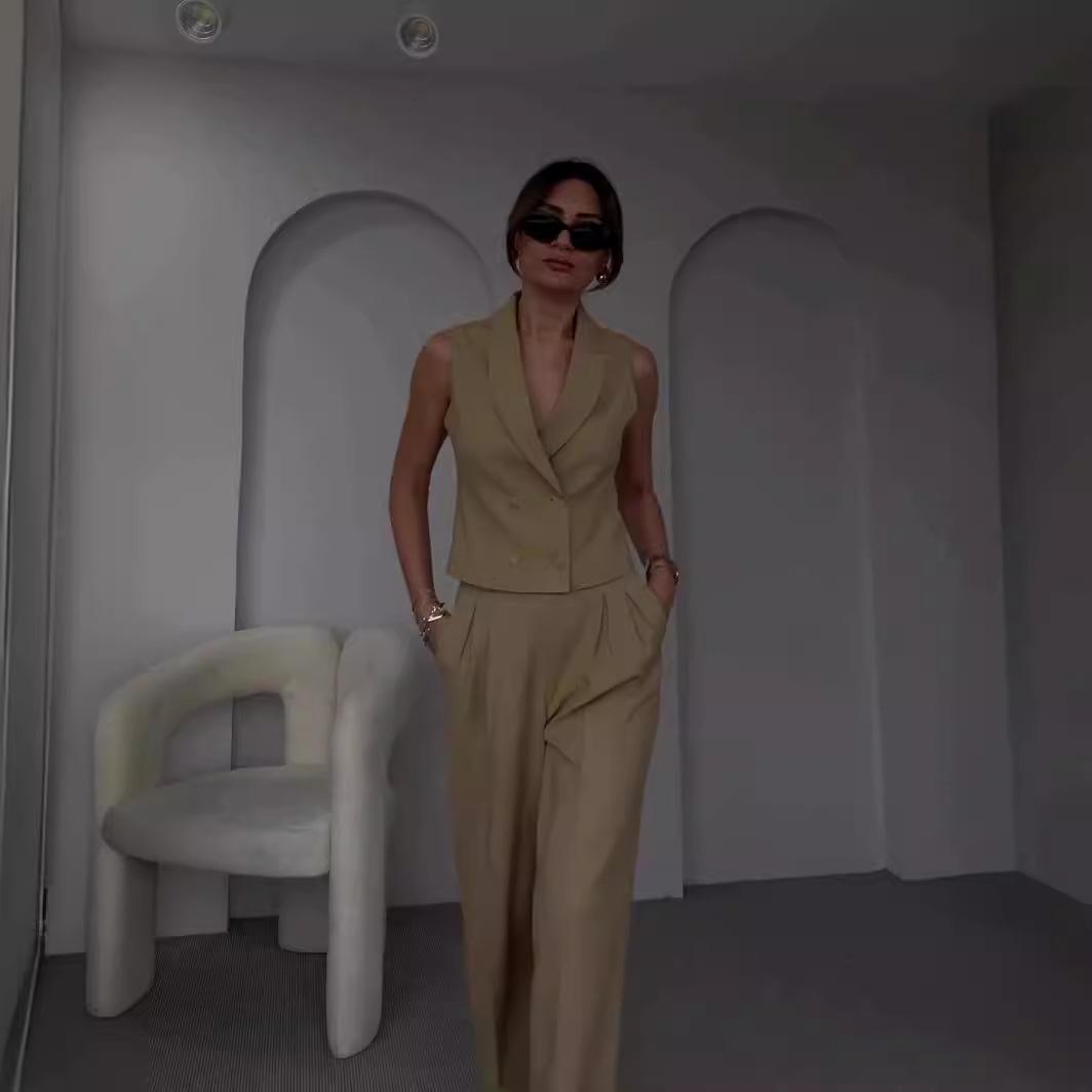 

Летний европейско-американский однотонный жилет без рукавов с лацканами и комплект длинных брюк широкого кроя XXL хаки