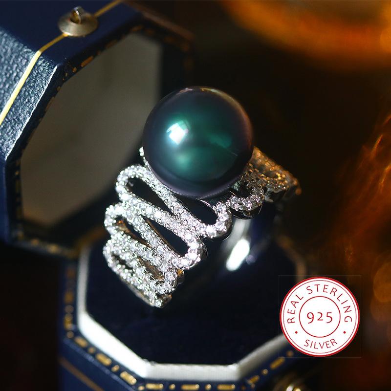 New Hollow Zircon Purple-black Pearl Ring For Women Copper Fashion Jewelry Opening Ring Bridal Gift Women