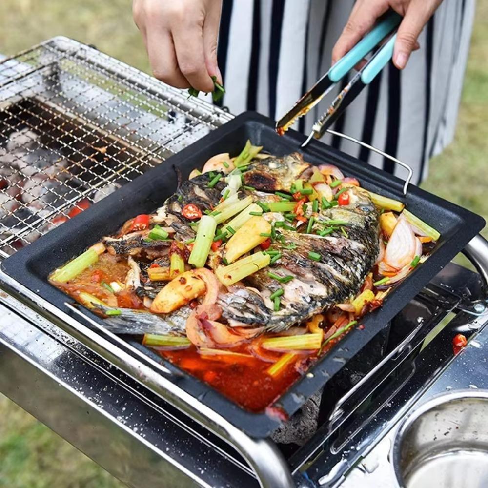Striped Groove Grilling Tray with Handle Grilled Fish Platter Outdoor BBQ Grill Pan Camping