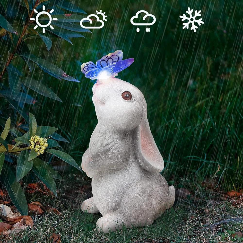 Solar Bunny Cat Statue Garden Decor LED Light Resin Animal Sculpture Figurine Outdoor Decoration for Courtyard
