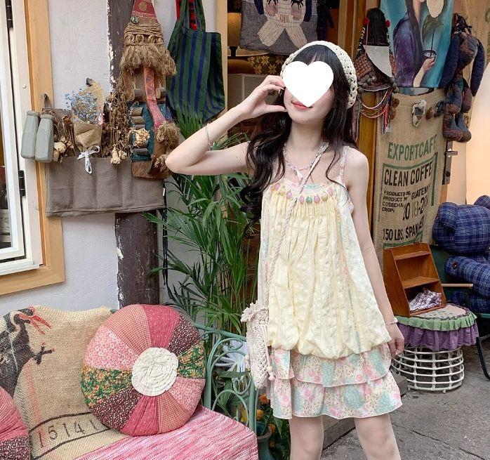 Island Style Tulip Dress with Pink and Green Floral Patchwork, Ruched Straps, Loose Fit - Women's 2025 Model