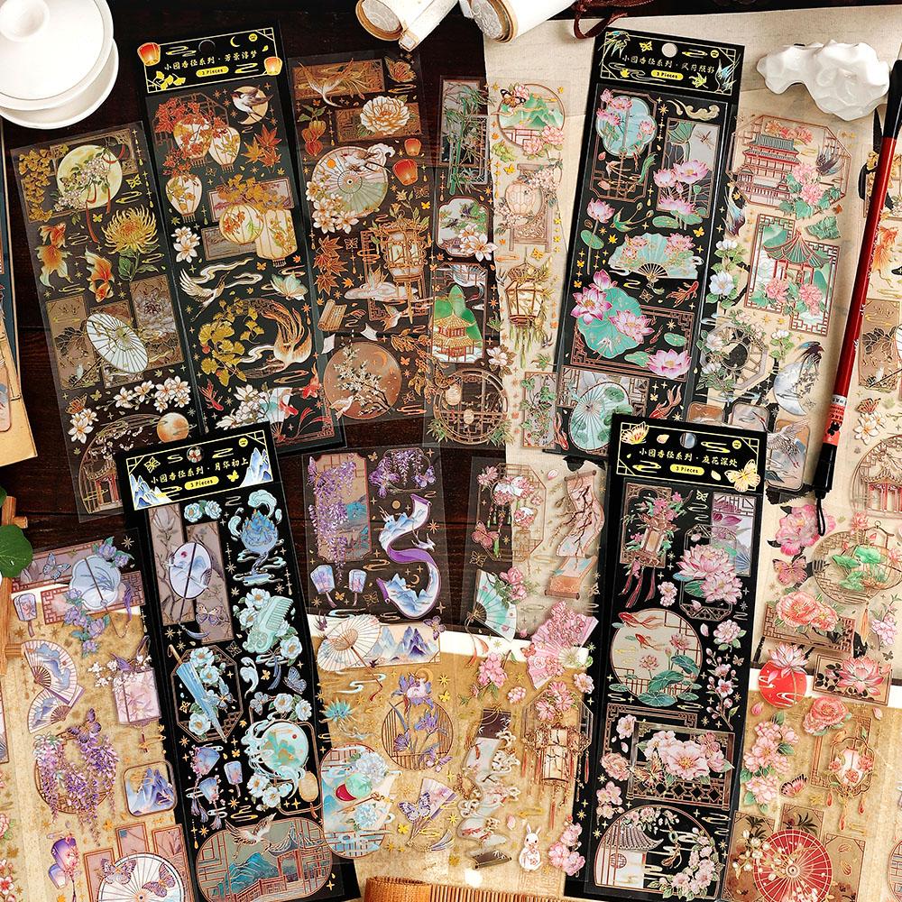 3 Sheets PET Chinese Style Bronzing Sticker Decorative Diary Album Scrapbooking Material Handmade Craft Supplies