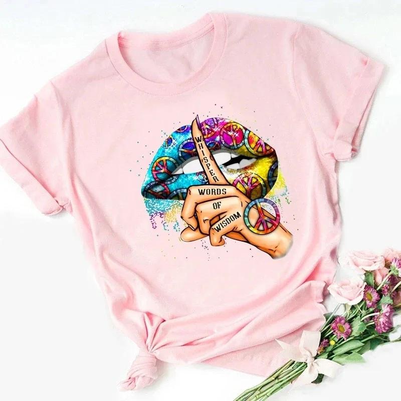 Whisper Words of Wisdom Lip Print Women T Shirt Short Sleeve O Neck Loose Women Tshirt Ladies Tee Shirt Tops Camisetas Mujer