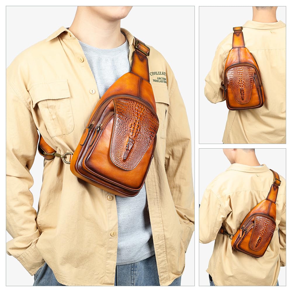 Whatna Antique-Style Tanned Natural Cowhide Leather One-Shoulder Bag for Men, 3-Way, Crossbody, Mini Body Bag, Chest Bag, Genuine Leather, Thick
