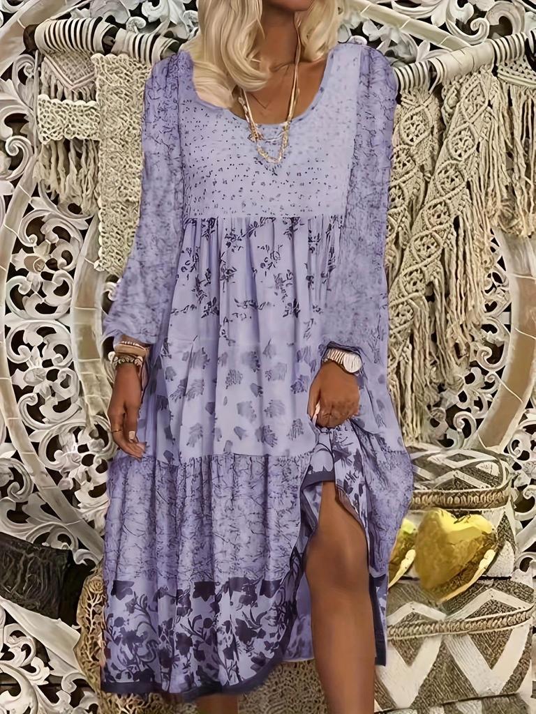 2025 Langärmeliges bedrucktes Rundhalskleid für Damen - Frühling und Herbst