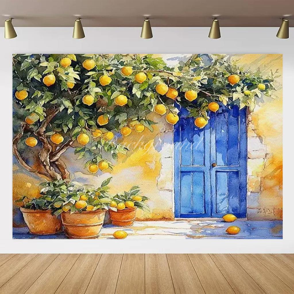 Banner Background with Lemon Tree Harvest Theme and Mediterranean Landscape Garden, Anniversary Room Decoration, Photo Backdrop