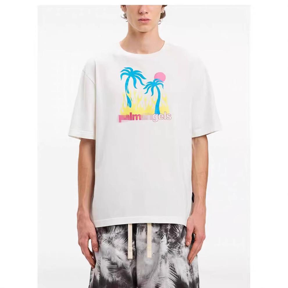 25S Cross-border European and American Tide Brand Palm Angel Sunset Palm Tree Flame Letter Short-sleeved T-shirt Men's and Women's High Street 