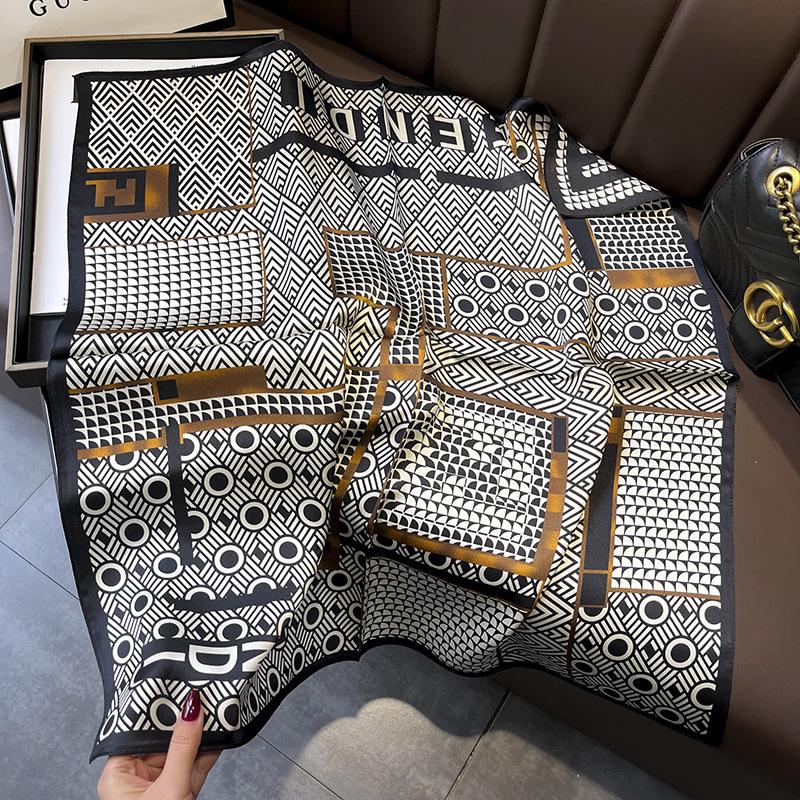 

Шарф из тутового шелка в корейском стиле, черно-белый геометрический, для женщин - квадратный 70 см, идеально подходит для весны, осени или для украшения летней сумки 68x68cm