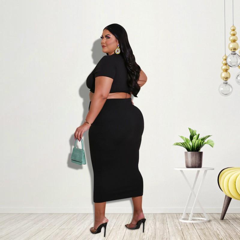 MY676 Plus Size Womens Knit Long Sleeve Crop Top Maxi Skirt Set Black Milk Silk Casual Outfit 2025