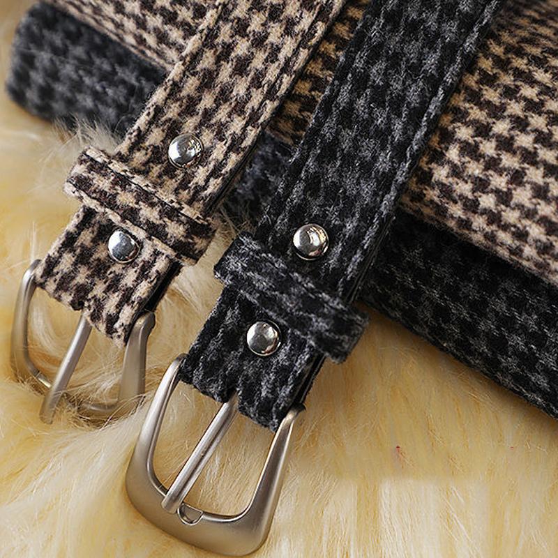 Women Plaid Wool Blend Midi Belted Skirts High Waist Slim Houndstooth A-Line Knee Length Skirt