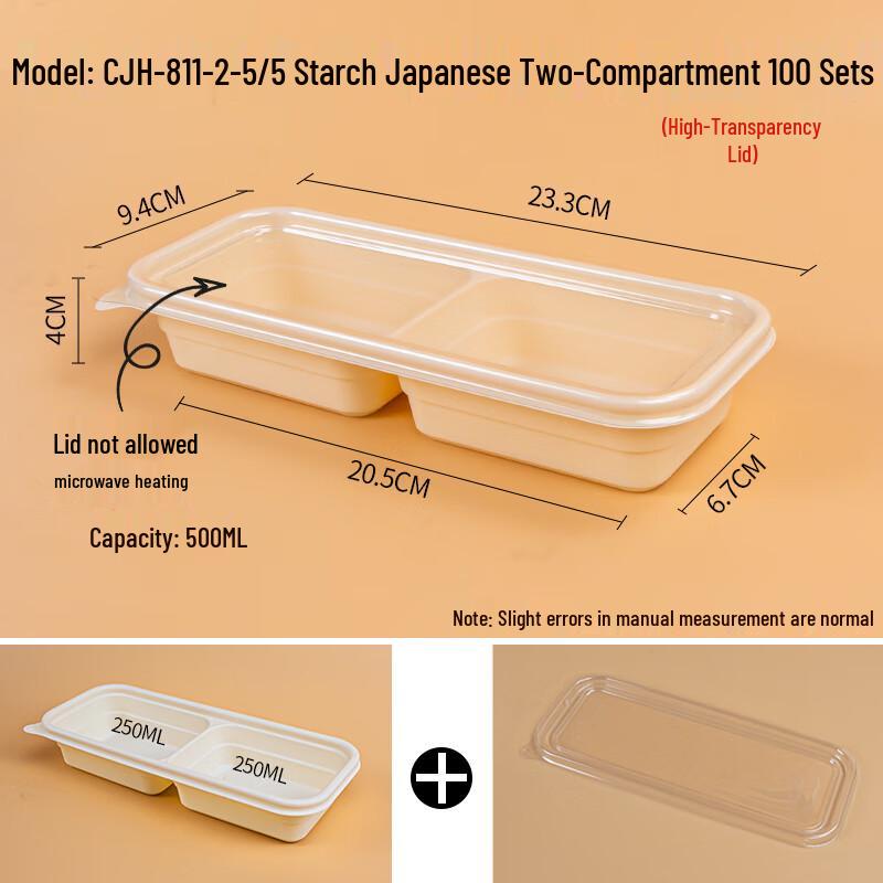 Disposable Two-Compartment Plastic Food Containers with Lids (100 Sets)
