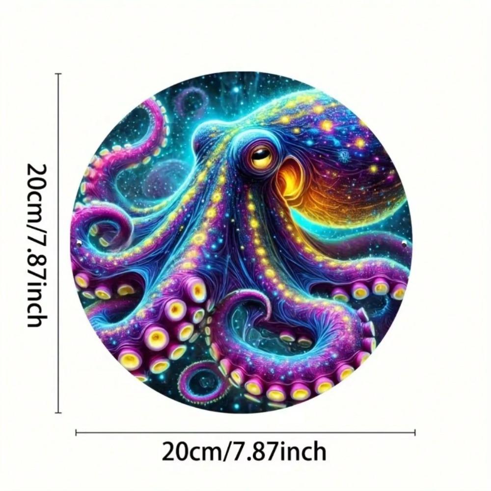 Metal Tin Sign Colorful Octopus Wall Art Durable Round Decor for Home Garden