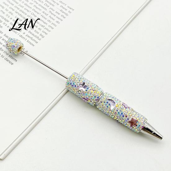 Shiny Rhinestone Pens Glitter Beadable Ballpoint Pen, Sparkly Star Moon Beaded Plastic Customizable DIY Handmade Gel Ink Pen for School Projects,